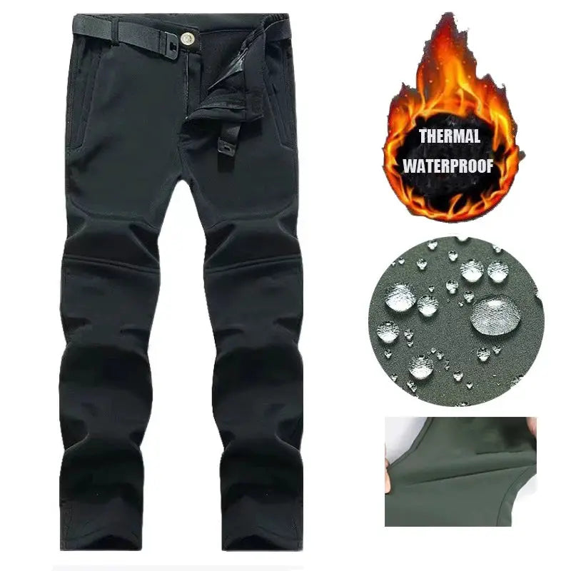 Men's black fleece-softshell hiking pants with cargo pockets and belt; thermal waterproof fabric with stretch panels.