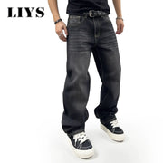 LIYS men's black baggy straight-leg denim jeans with retro wash