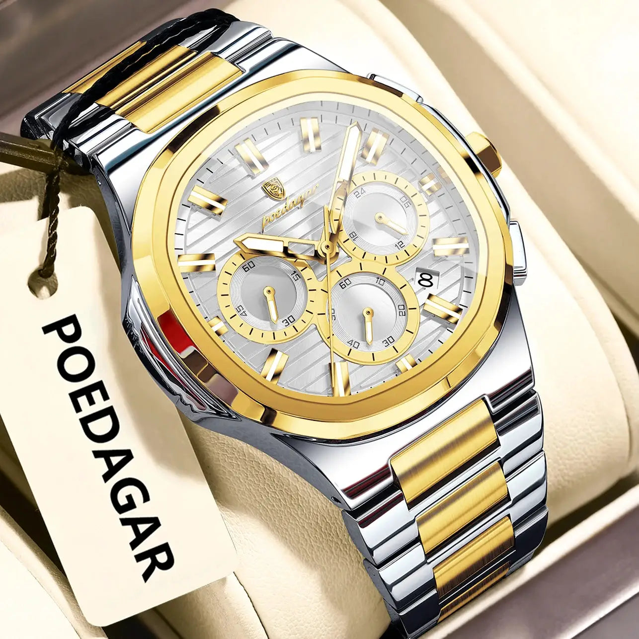 POEDAGAR men's wristwatch, two-tone stainless steel with gold bezel, chronograph subdials, date window