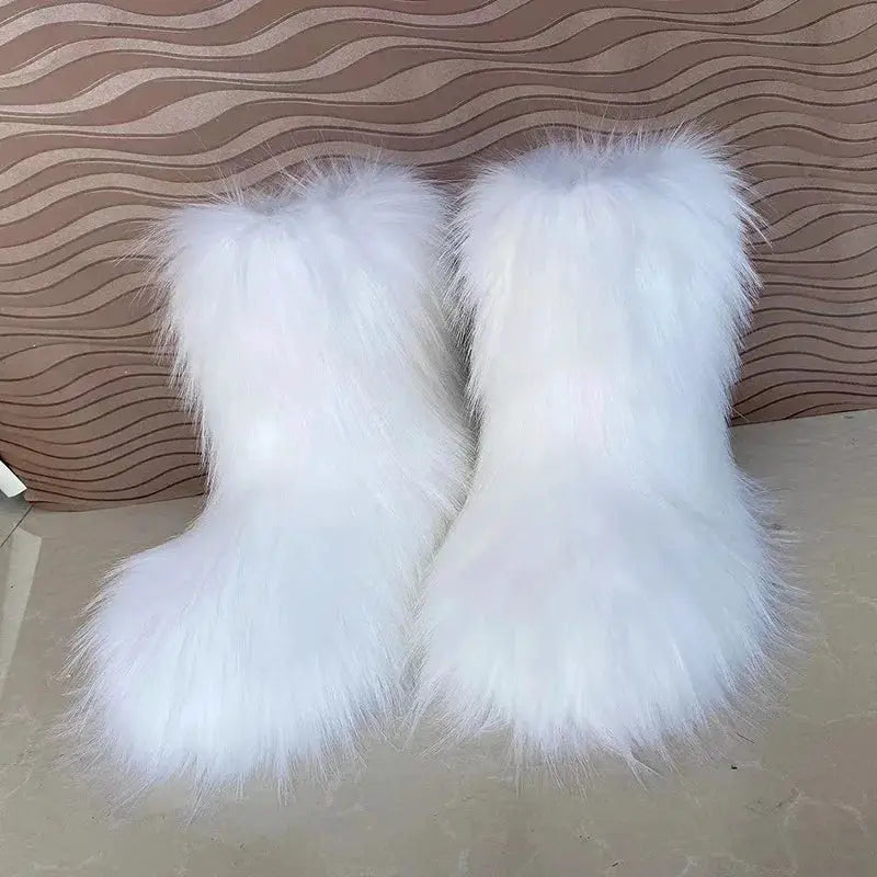 Women's Winter Snow Boots With Plush Faux Fox Fur Mid Calf Warm Platform Shoes For Cold Weather Outdoor