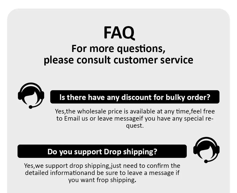 FAQ page on gray background with two black callouts about bulk order discounts and drop shipping, and headset icons.