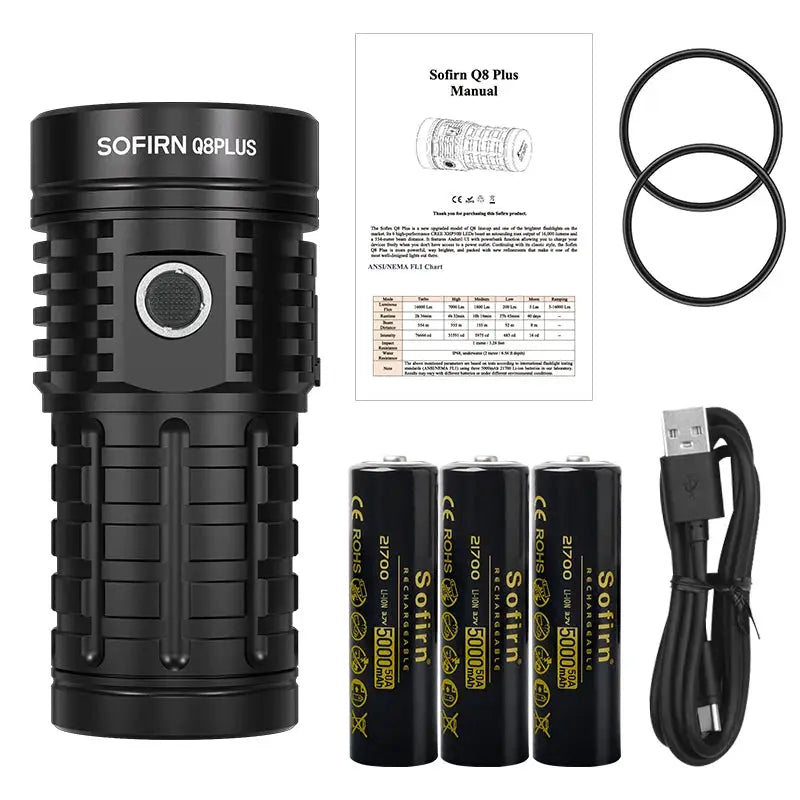 Sofirn Q8 Plus LED flashlight in black, includes 3x 21700 batteries, USB-C cable, manual, and O-rings