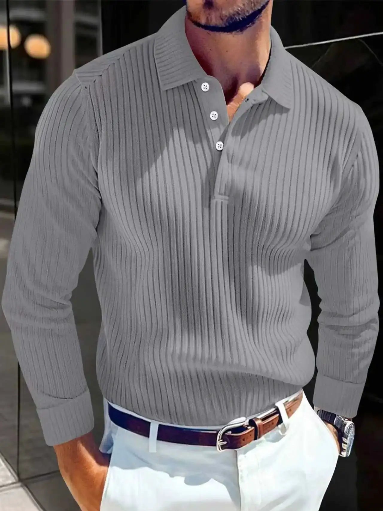 Gray ribbed long-sleeve polo shirt with button placket for casual outdoor wear