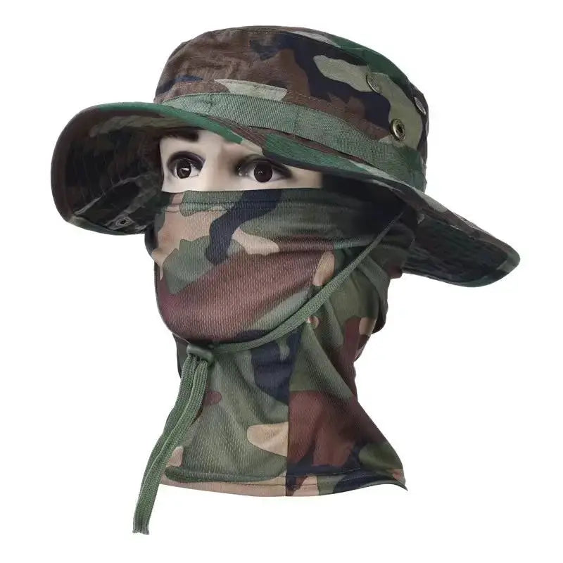 Camouflage boonie hat with neck flap and face covering, adjustable sun UV protection