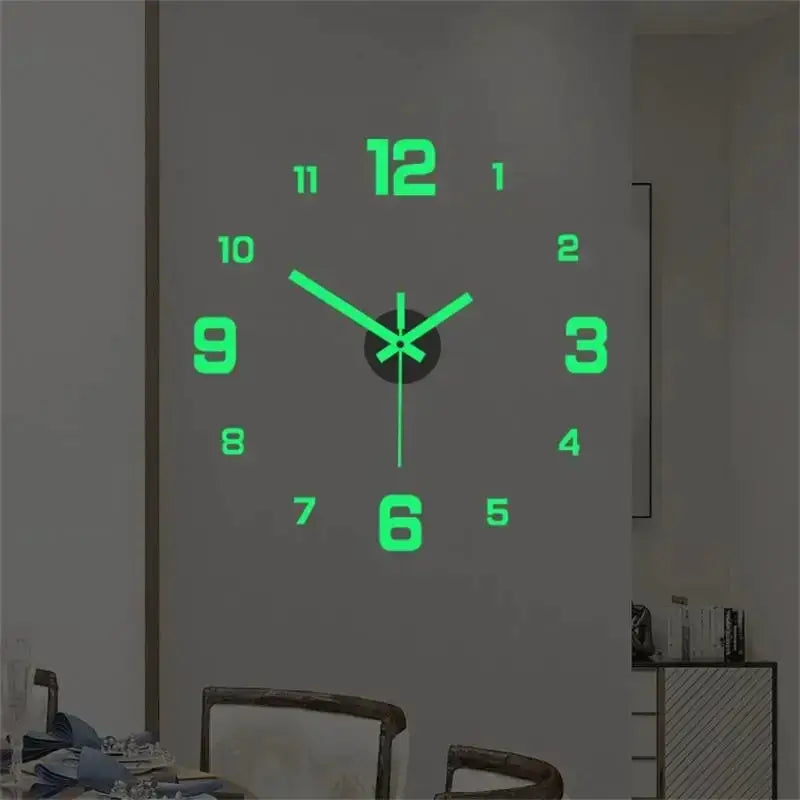 Luminous wall clock with frameless design and bright green numerals in a modern living room.