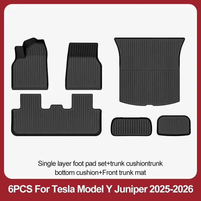 Floor mat set for Tesla Model Y Juniper 2025–2026, 6-piece black TPE by Simples Market; front, rear and trunk mats