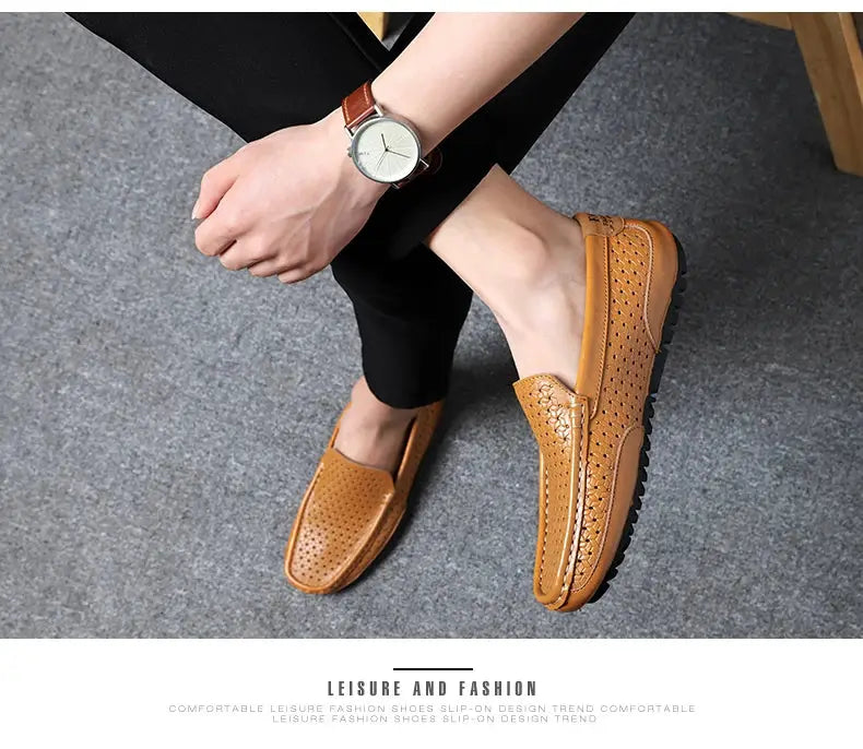 Two tan leather loafers with perforated hollow-out design, breathable slip-on driving shoes for men