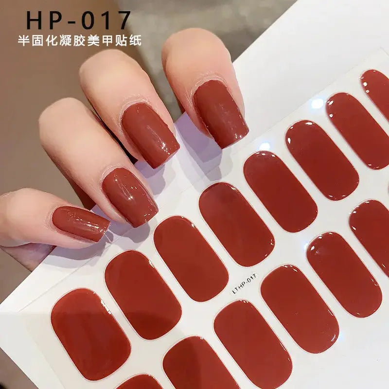 Semi-cured gel nail wraps in burgundy red; full-cover nail decals sheet HP-017