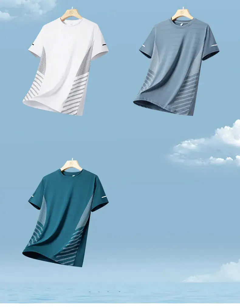 Simples Market men's running T-shirt 3-pack: white, blue, teal; quick-dry ice-silk with reflective print.