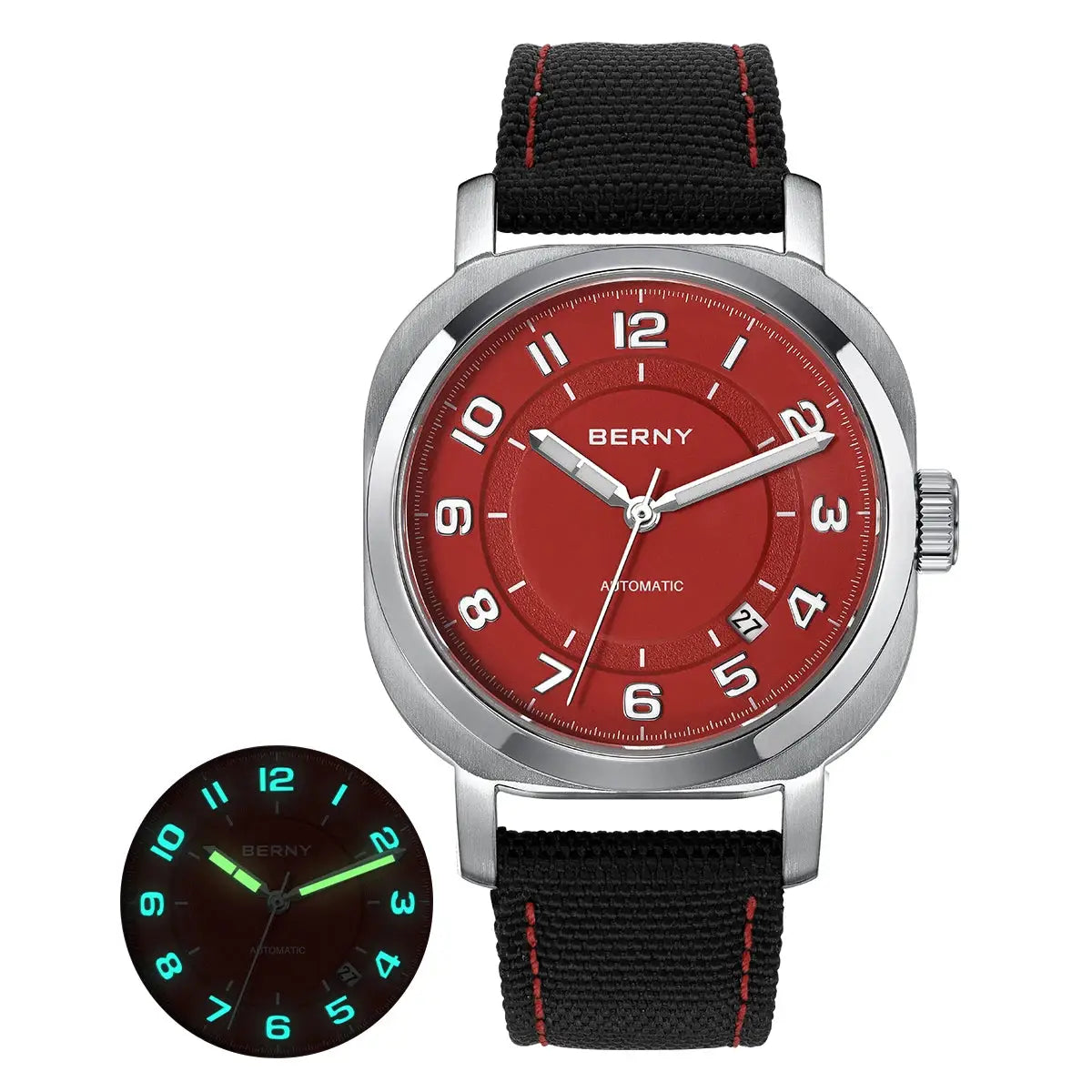 BERNY women's mechanical watch with red dial, silver case, black strap with red stitching, date window, luminous hands