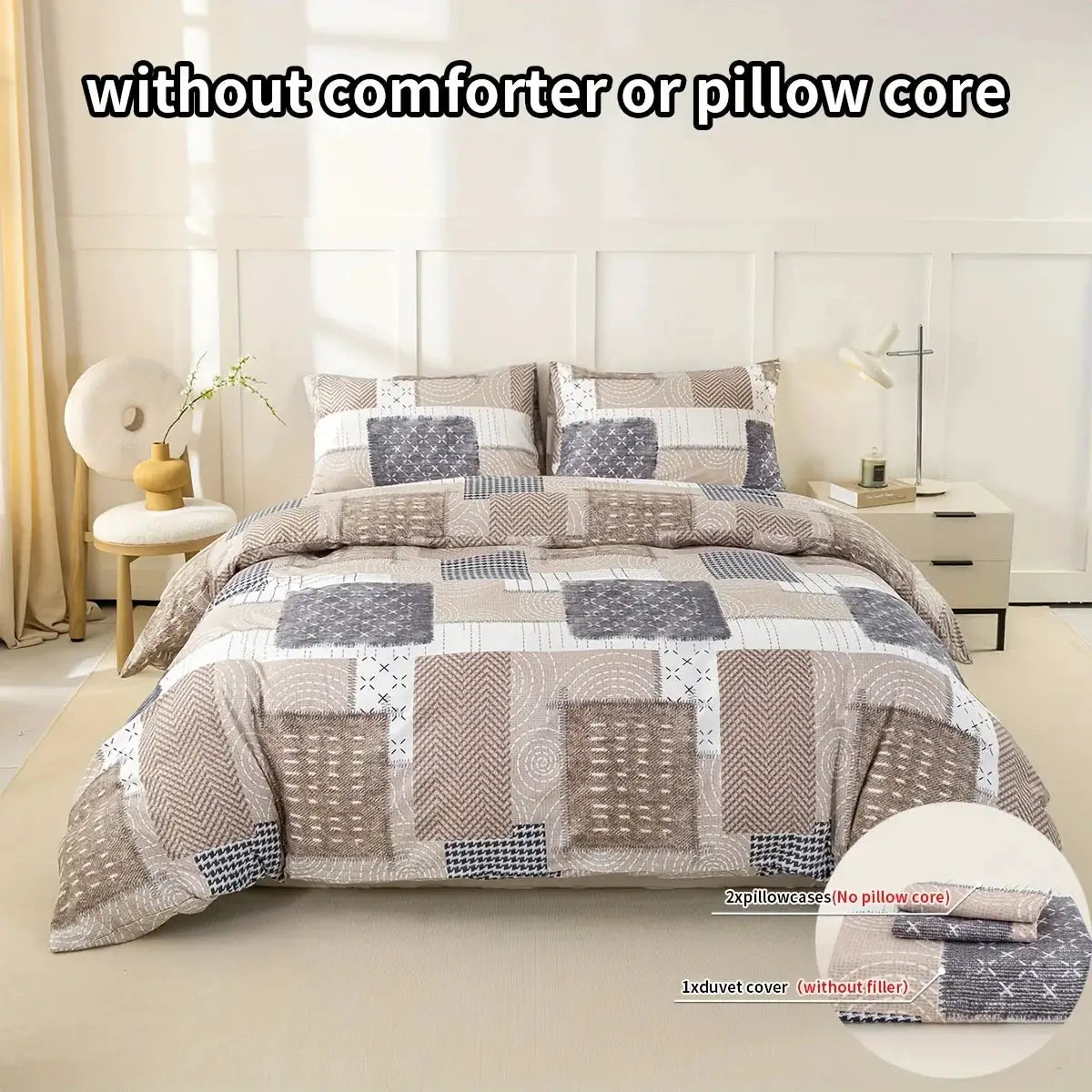 3-piece patchwork duvet cover set by Simples Market in beige-gray tones, includes 1 duvet cover and 2 pillowcases