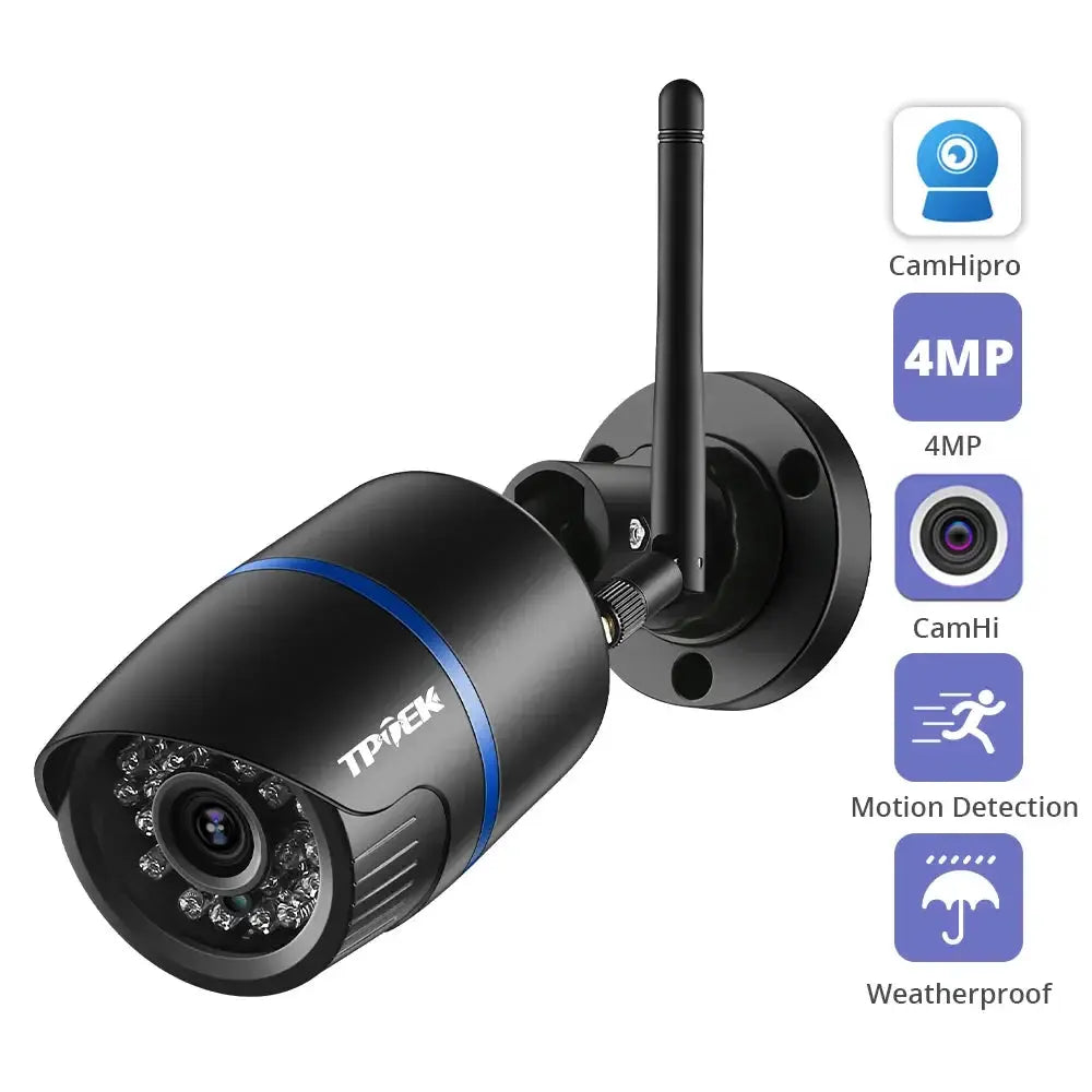4MP outdoor WiFi security camera, black bullet with antenna and blue ring, TP-TEK