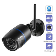 4MP outdoor WiFi security camera, black bullet with antenna and blue ring, TP-TEK