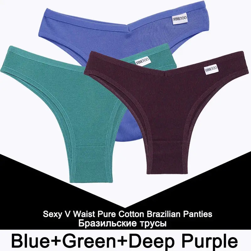 FINETOO 3-piece cotton thong underwear set for women in blue, green, and deep purple by Simples Market