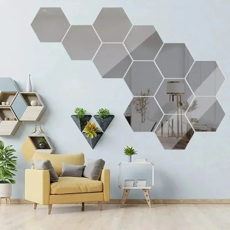 Hexagon acrylic mirror wall stickers with silver mosaic tiles, 5pcs, by Simples Market