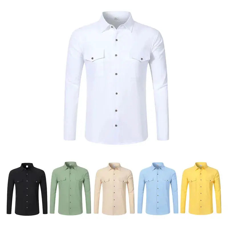 Men's long-sleeve casual shirt with double chest pockets, button-up, linen, loose fit; white plus five colors