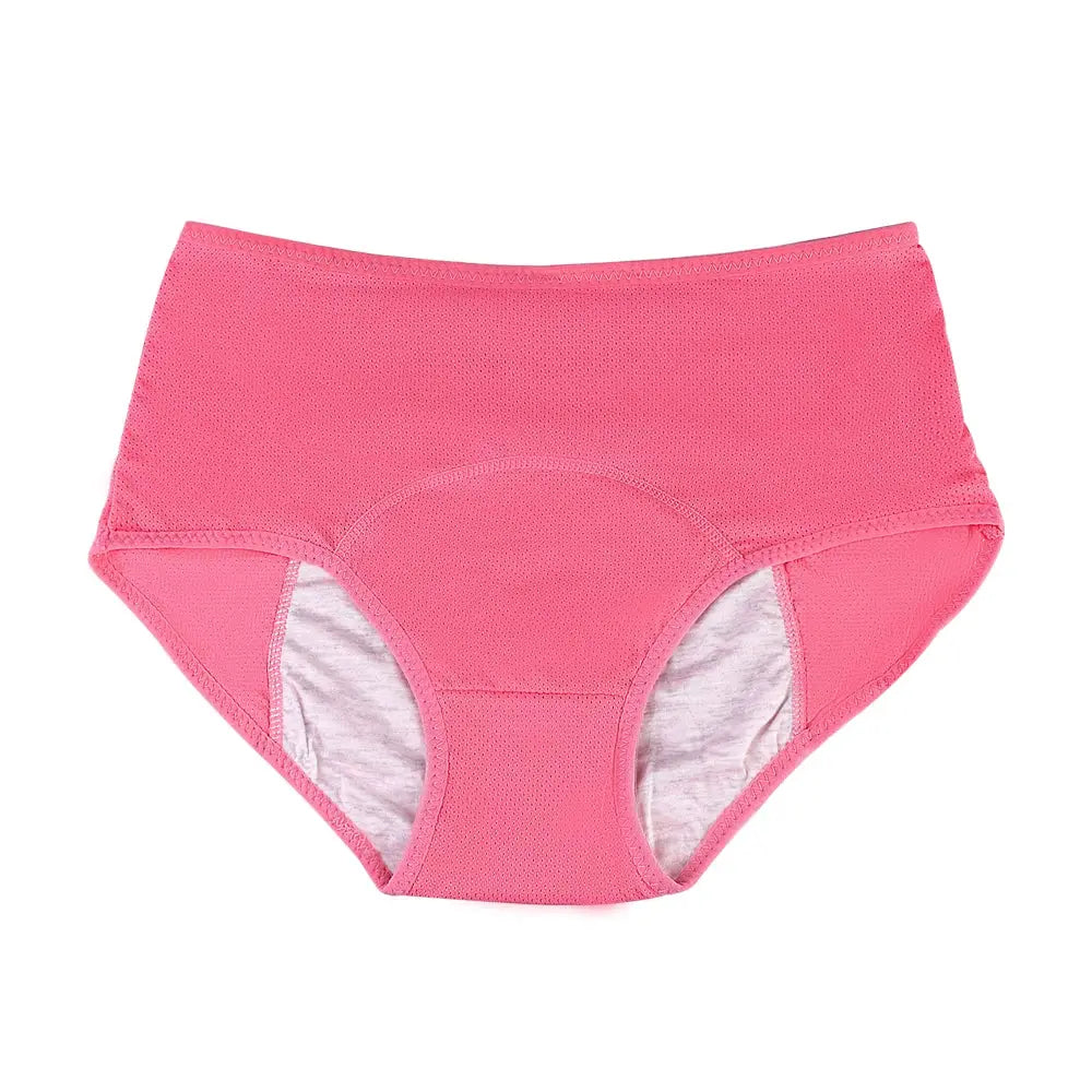 Pink high-waist menstrual underwear with gray lining; leak-proof period panties.