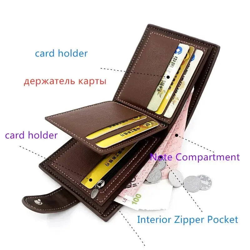 Men's brown PU leather wallet with hasp card holder, note compartment and interior zipper pocket