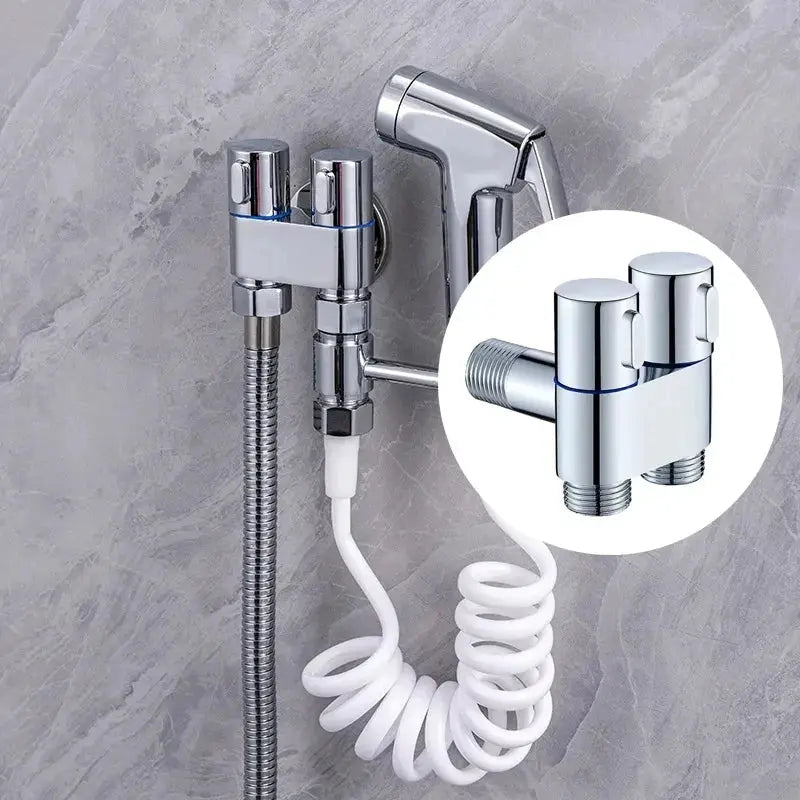 Zinc alloy angle valve wall-mount bidet sprayer set, chrome finish, dual outlets with coiled hose