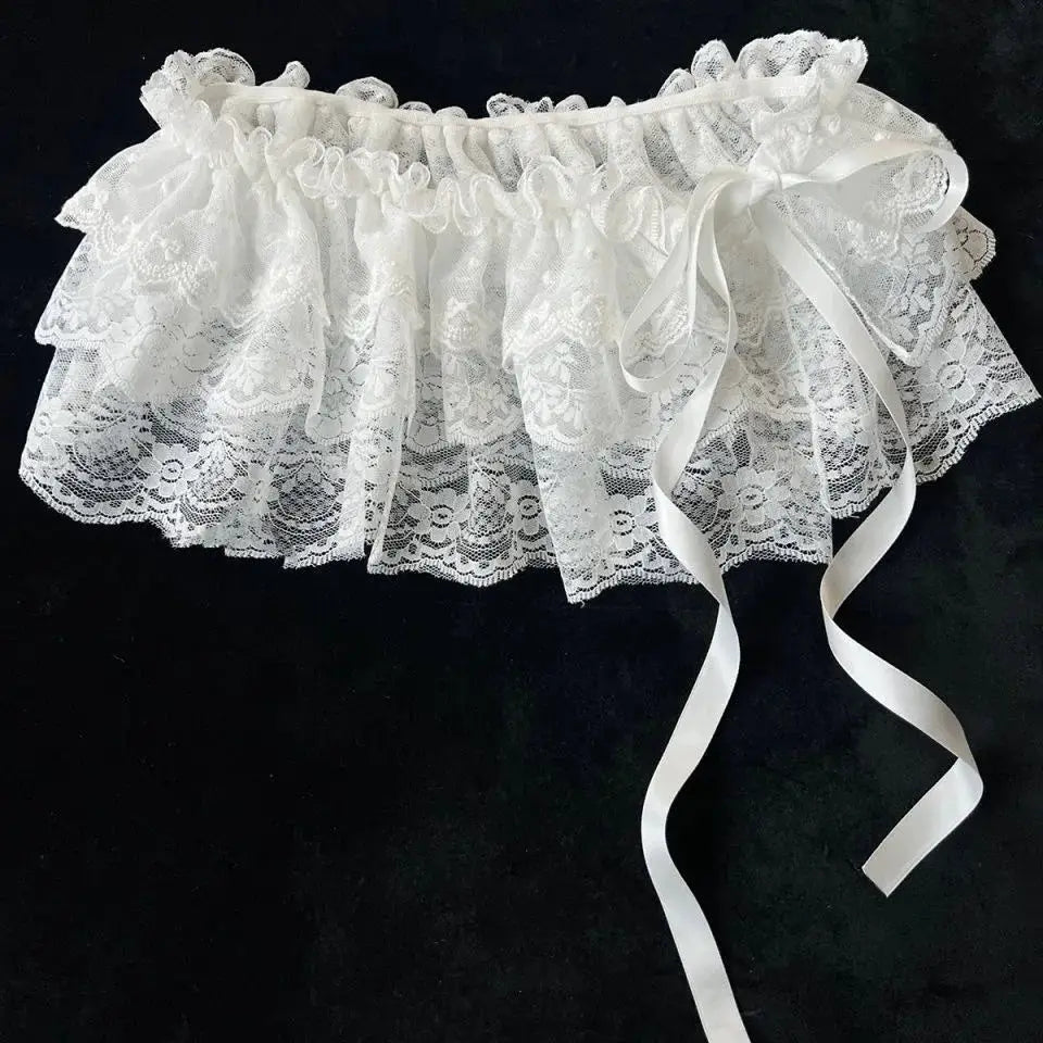 Women's white lace mini skirt with layered ruffles, high-waisted, satin ribbon bow, Simples Market