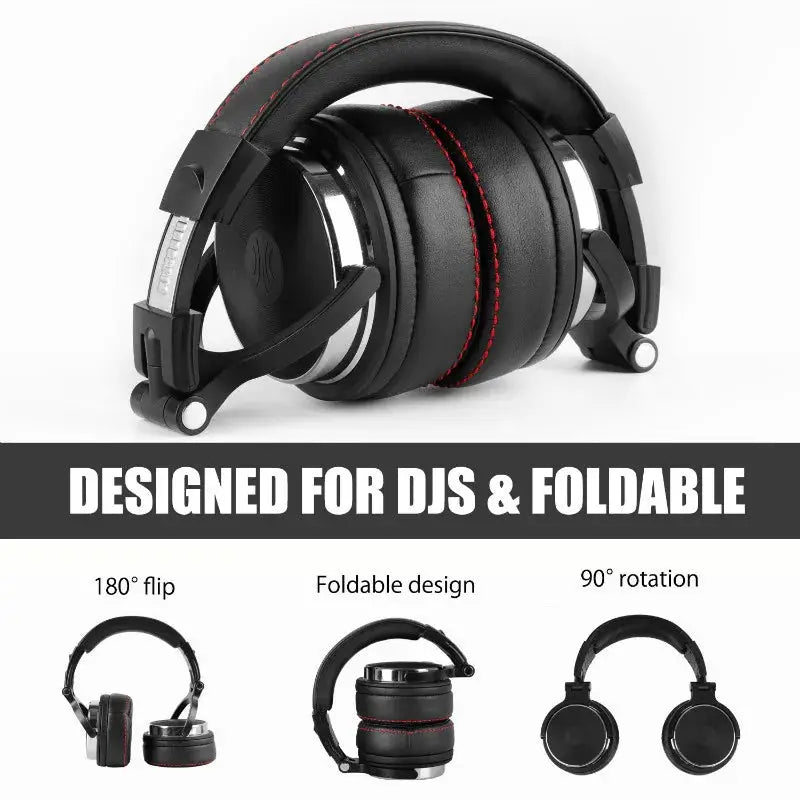 Oneodio wired DJ headphones with microphone; black over-ear headset with red stitching, foldable design