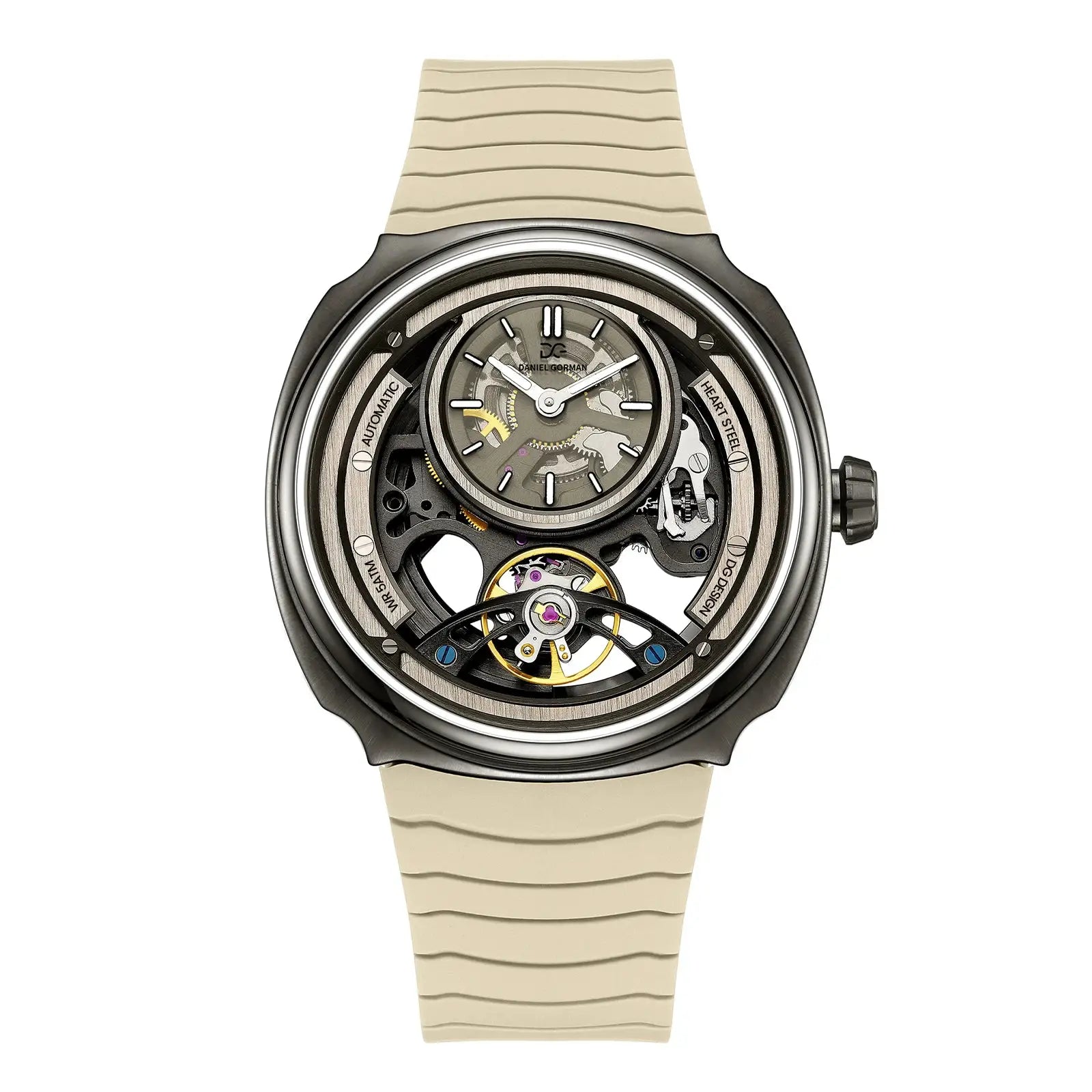 Daniel Gorman automatic skeleton watch with beige silicone strap and visible gears