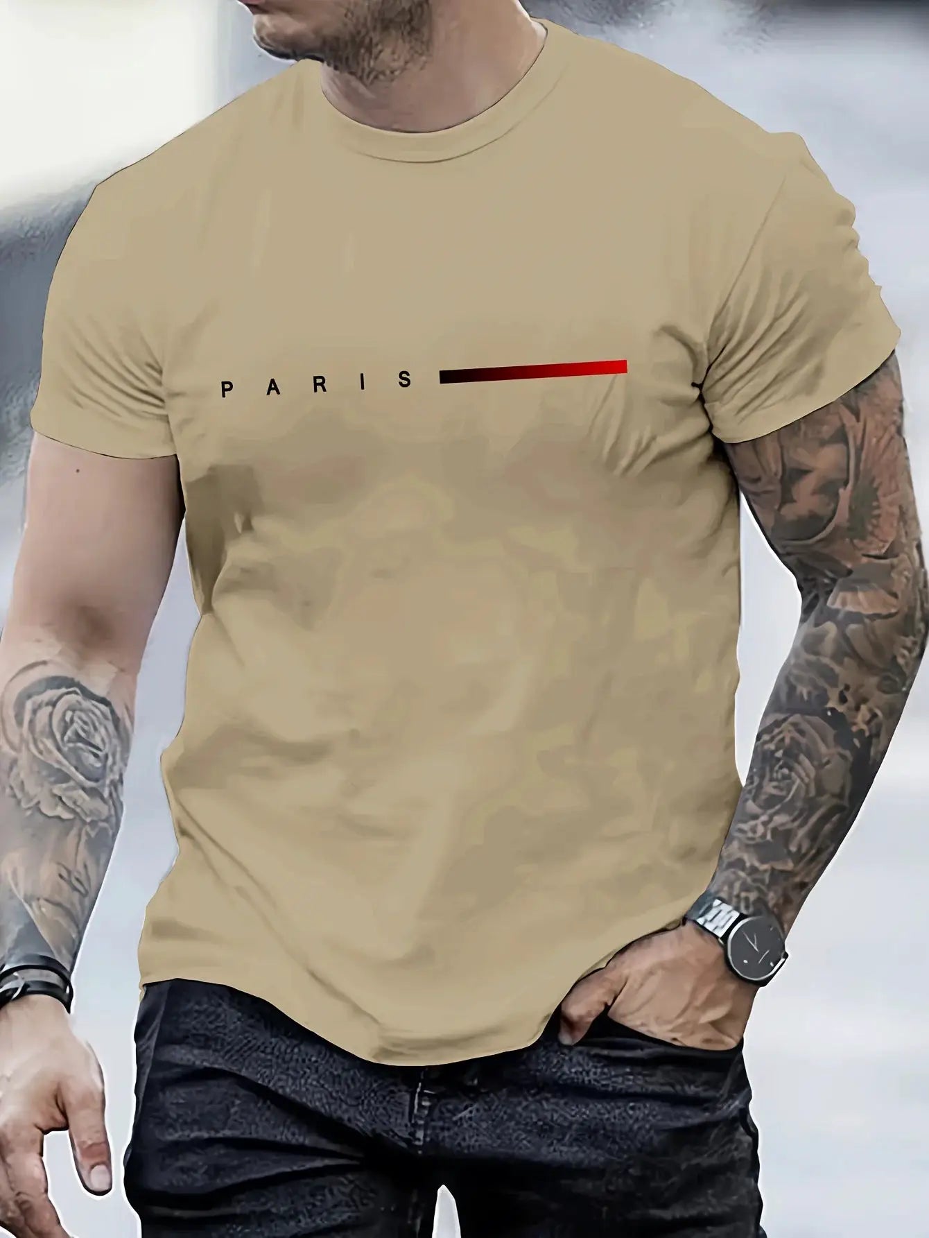 Men's 100 Percent Cotton Summer T Shirt Paris Letter Print Round Neck Short Sleeve Casual Top