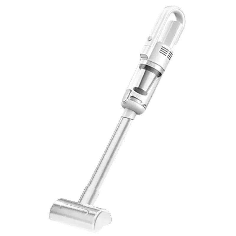 Handheld cordless vacuum cleaner, Simples Market, silver with transparent dust canister.