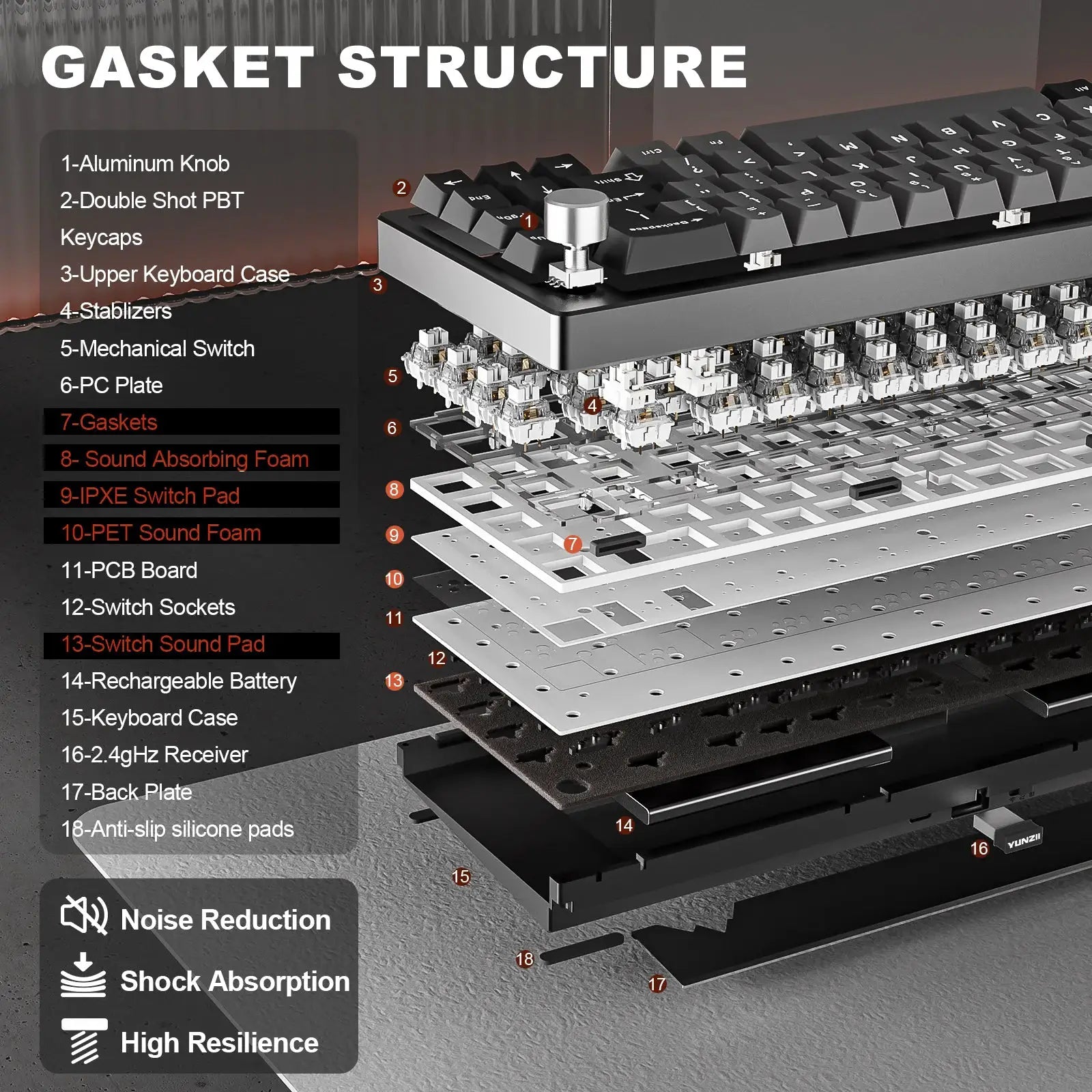 YUNZII AL68 silver wireless mechanical keyboard; exploded gasket-structure view with aluminum top case and knob.