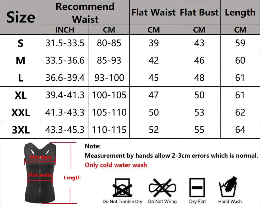 Simples Market men's slimming compression corset vest with size chart and black sleeveless design