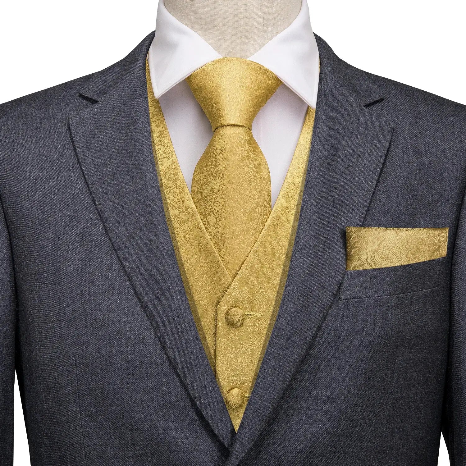 Men's gold paisley waistcoat and tie set with matching pocket square