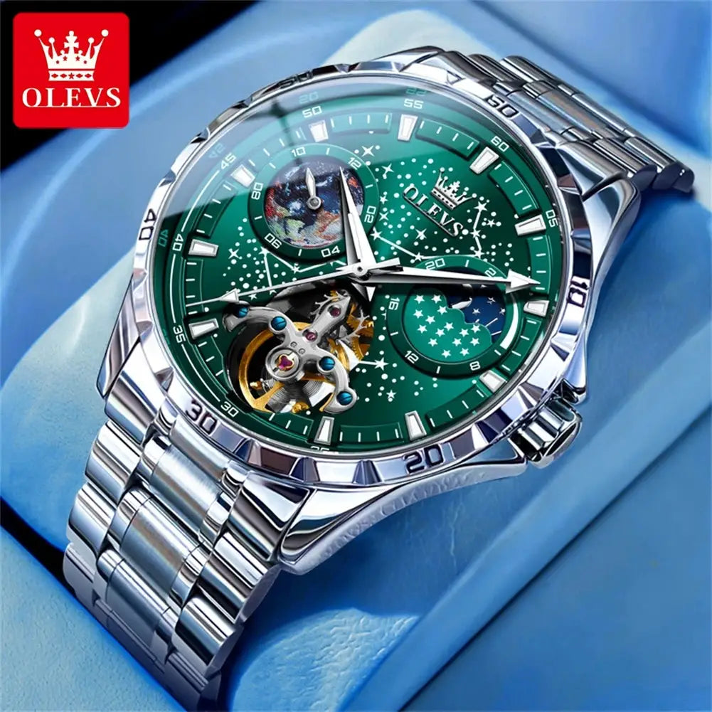 OLEVS skeleton automatic men’s watch with green starry sky dial, luminous, waterproof, stainless steel bracelet