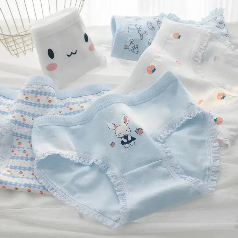 5-pack cotton girls briefs in pastel blue and white with bunny print Simples Market