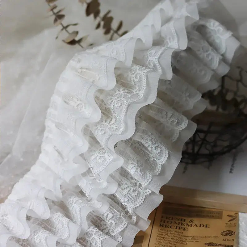 12cm Wide White and Black Three Layer 3D Pleated Mesh Chiffon Embroidered Ruffle Trim for DIY Dress Collar Decor