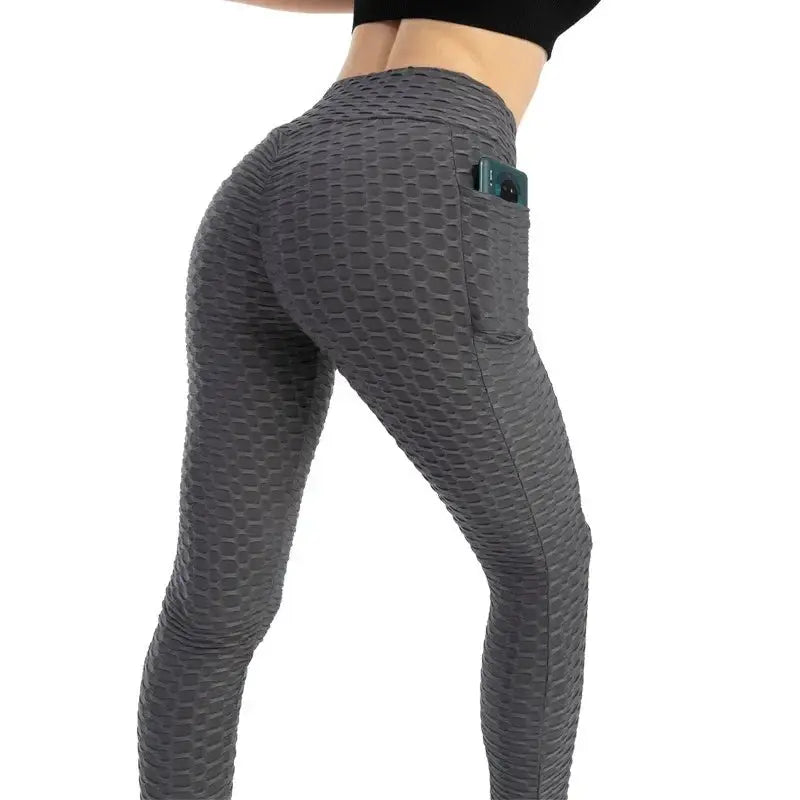 Women's Simples Market pocket bubble leggings, grey textured high-waist stretchy gym pants with phone pocket