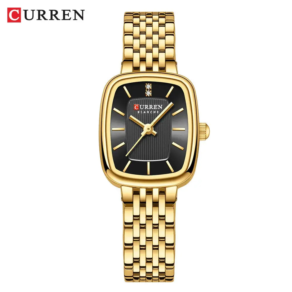Curren women's quartz watch with gold-tone stainless steel bracelet and black dial with diamond marker at 12 o'clock