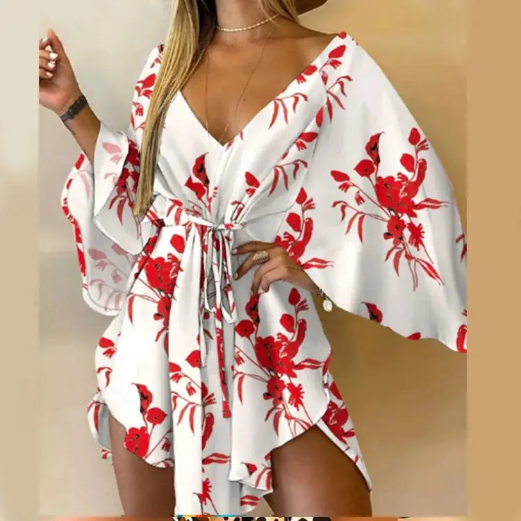 Women Boho Floral Print V Neck Bat Sleeve Ruffle Sundress Beach