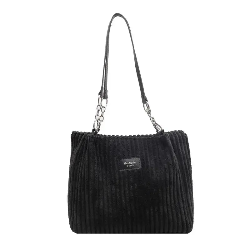 Women corduroy shoulder bag in black with fixed shoulder strap and large-capacity, multifunctional design.