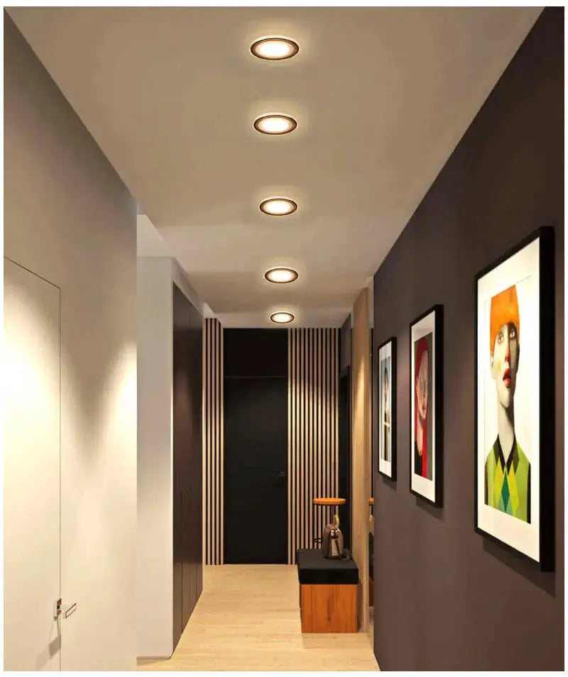 LED downlight recessed ceiling spotlights, six 9W adjustable 3-color lights along hallway ceiling