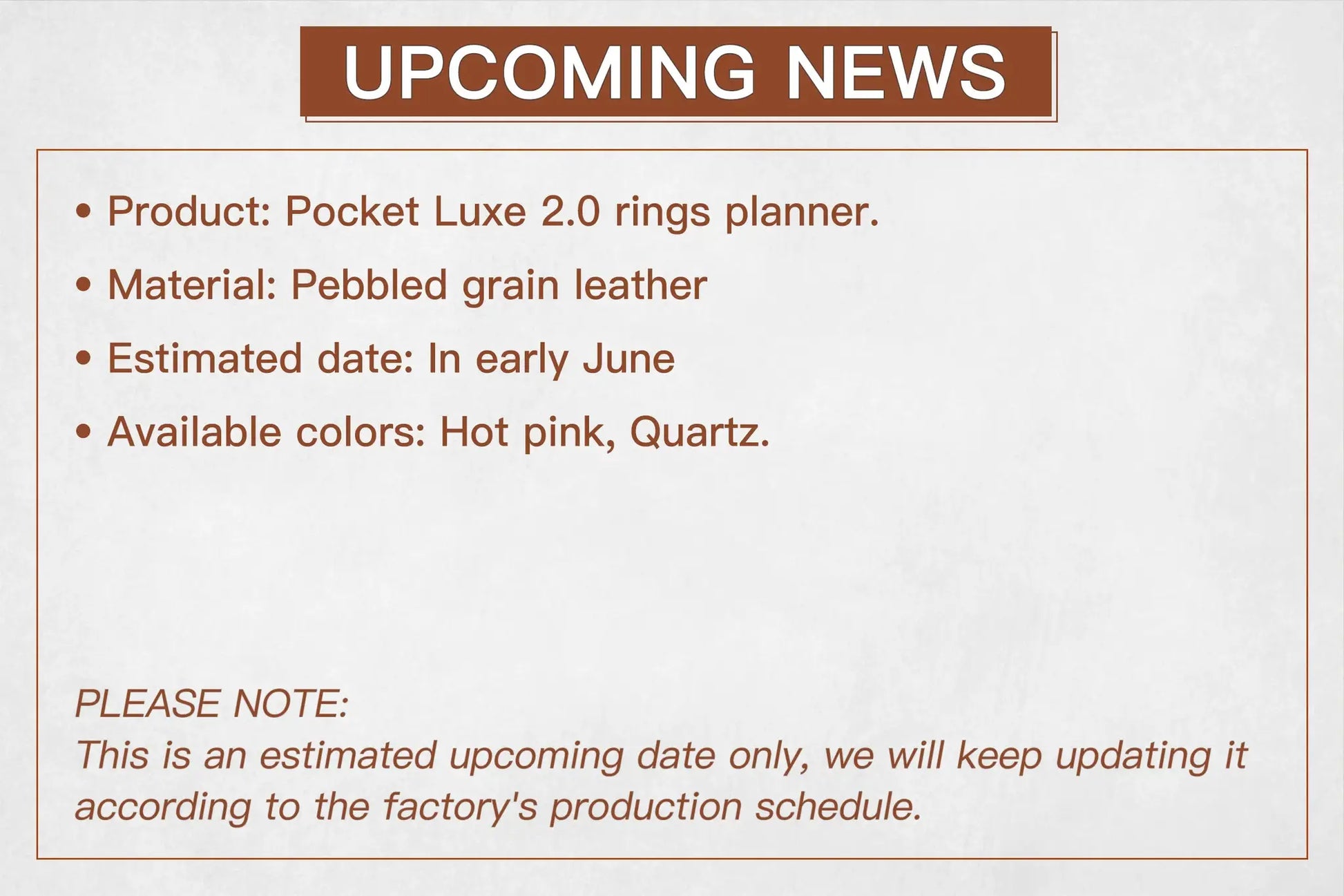 Pocket Luxe 2.0 rings planner; pebbled grain leather, early June release, colors hot pink and quartz.
