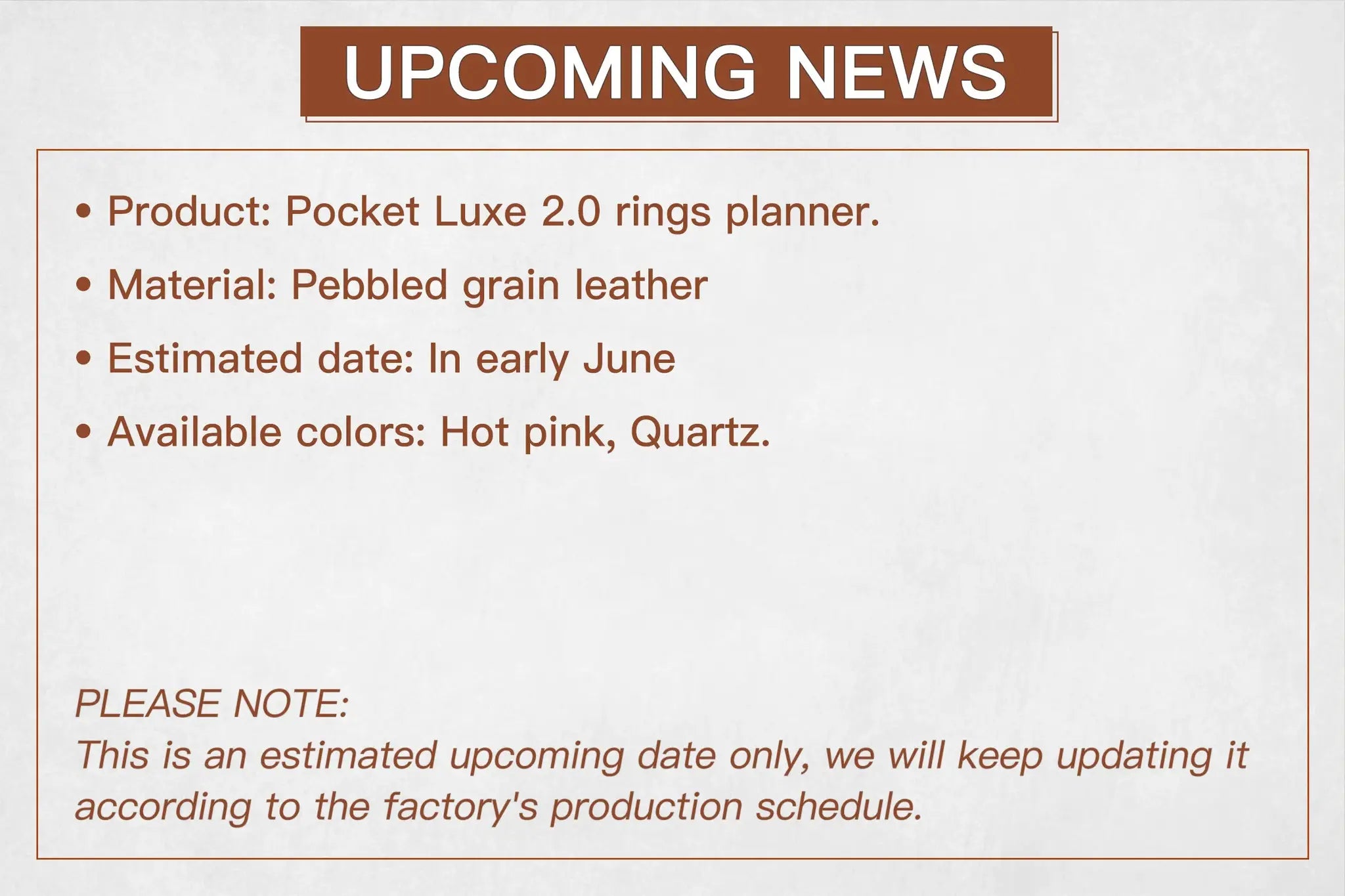 Pocket Luxe 2.0 rings planner; pebbled grain leather, early June release, colors hot pink and quartz.
