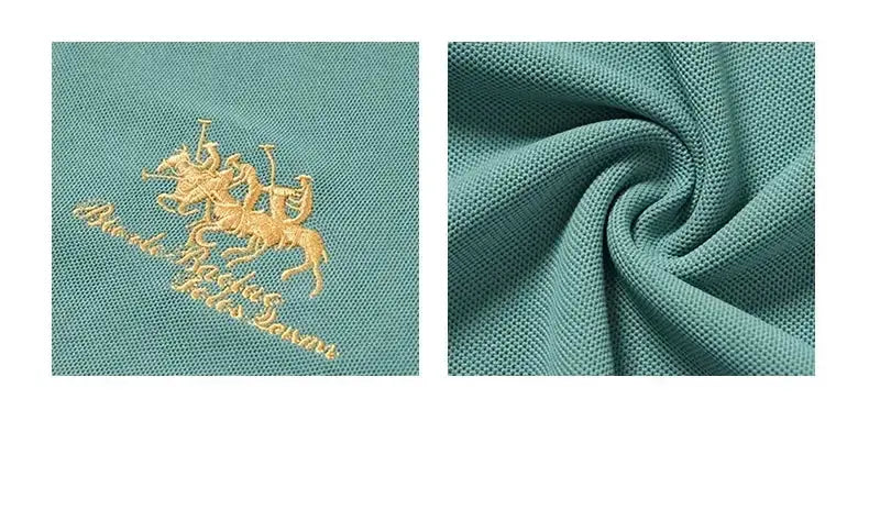 Men's teal polo shirt with gold embroidered crest; lightweight short-sleeve knit fabric close-up