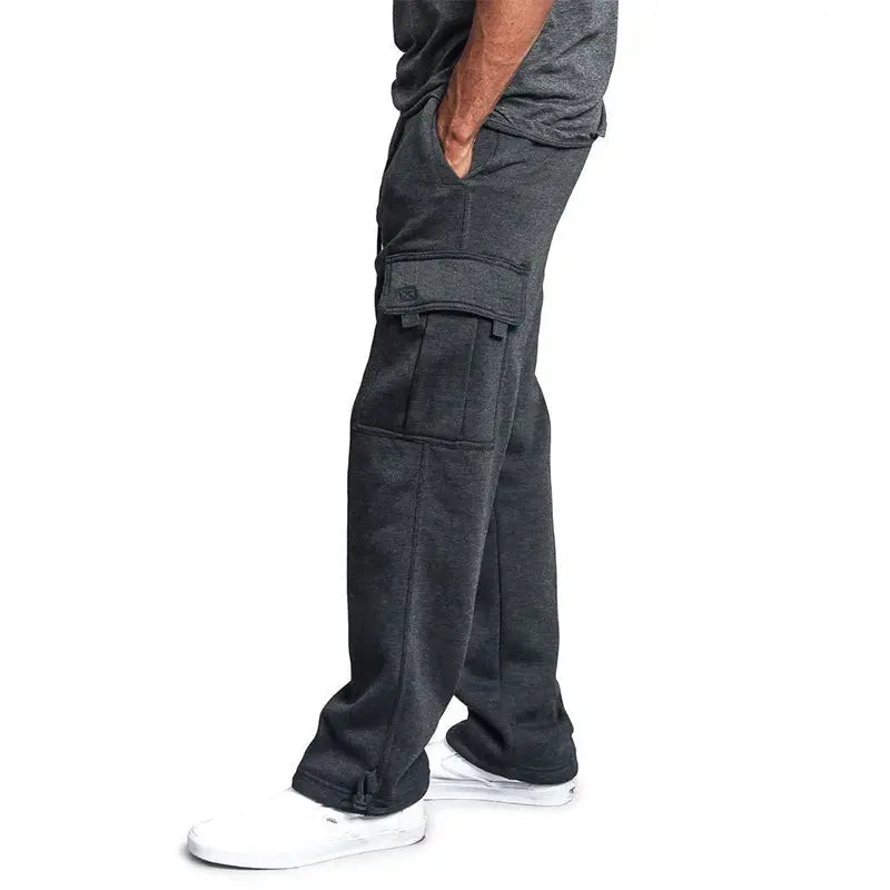 Mens cargo jogger pants in dark charcoal, straight fit with side cargo pockets and drawstring waist