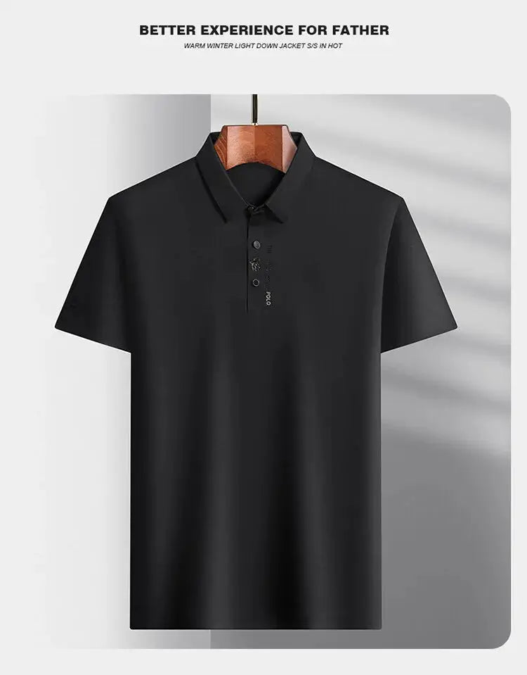 Black men's polo shirt with short sleeves on a hanger, classic polo collar.