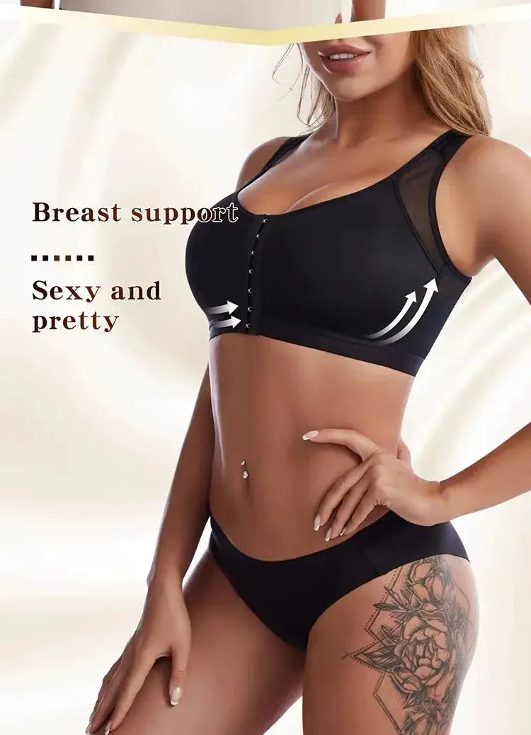 Front-closure posture-corrector lift-up bra for women in black with cross-back design and push-up support
