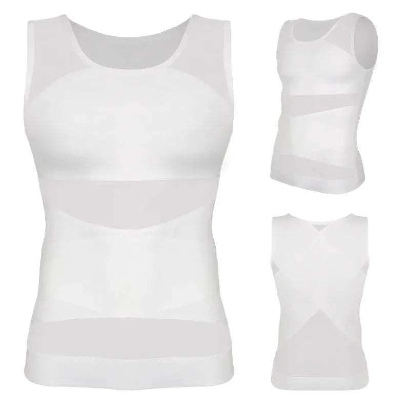 Mens slimming body shaper vest, white sleeveless compression undershirt with criss-cross mesh panels for tummy control
