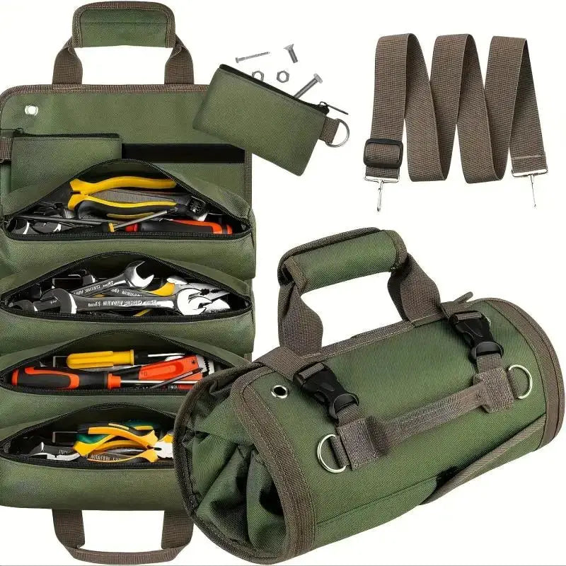 Multi-pocket tool bag set by Simples Market, green with roll-up pouch and shoulder strap