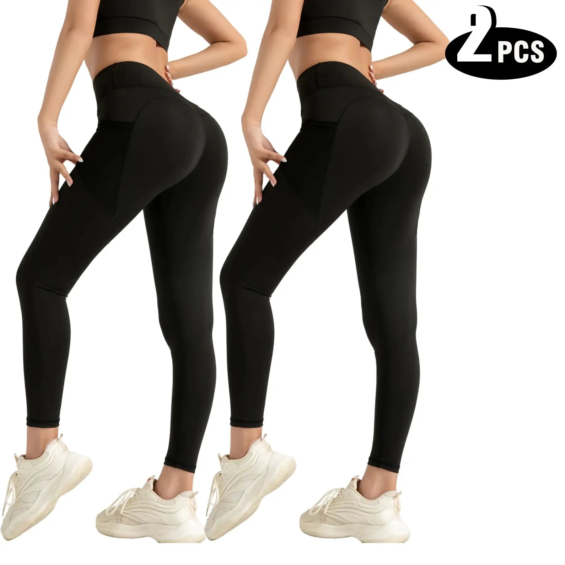 2-pack women's high-waisted seamless black yoga leggings, butt-lifting, breathable fitness pants