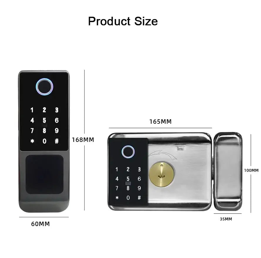 Fingerprint gate door lock with black keypad panel and circular fingerprint reader; outdoor waterproof smart lock.