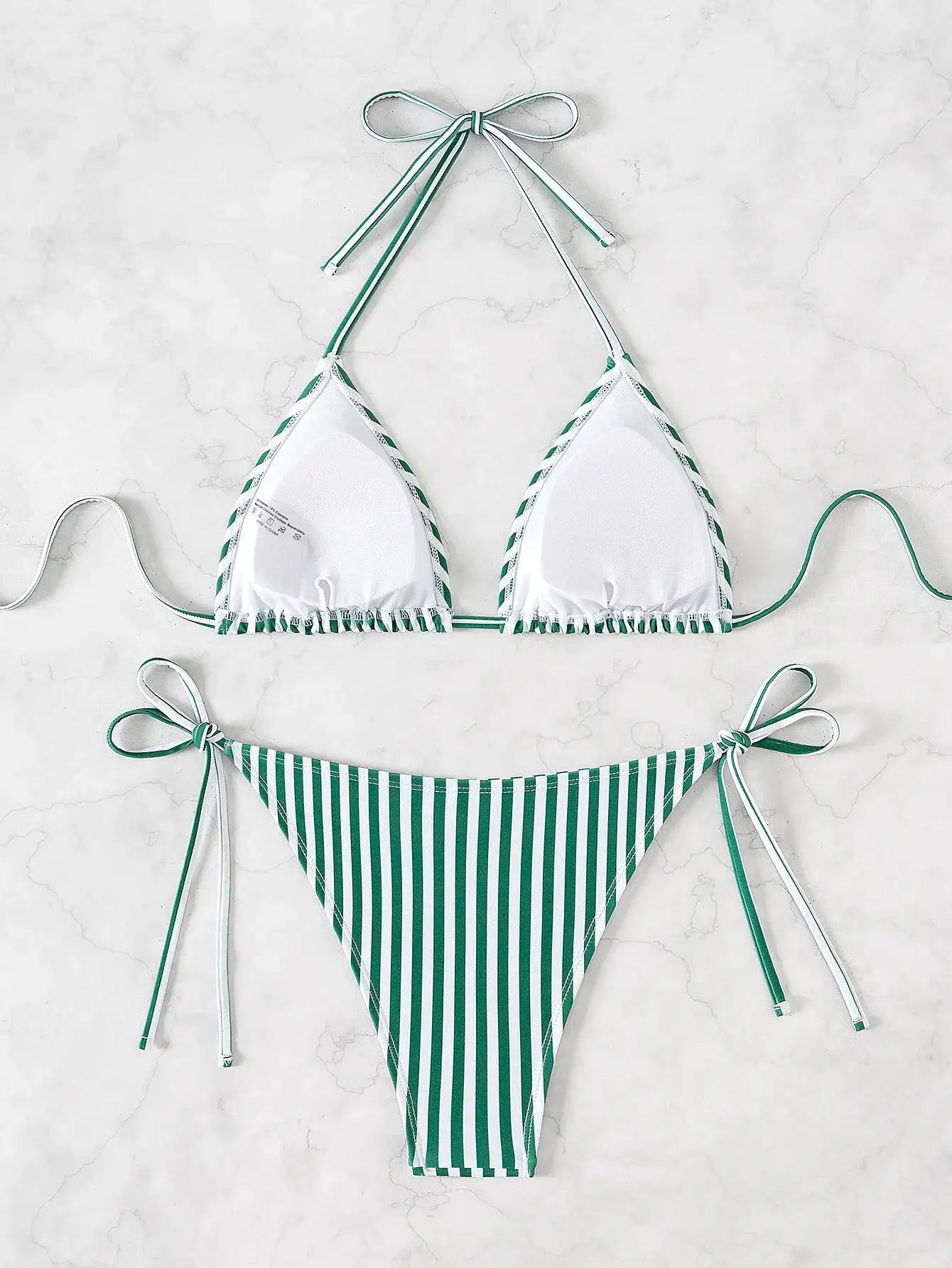 Simples Market 2-piece triangle bikini set with white cups and green striped bottoms